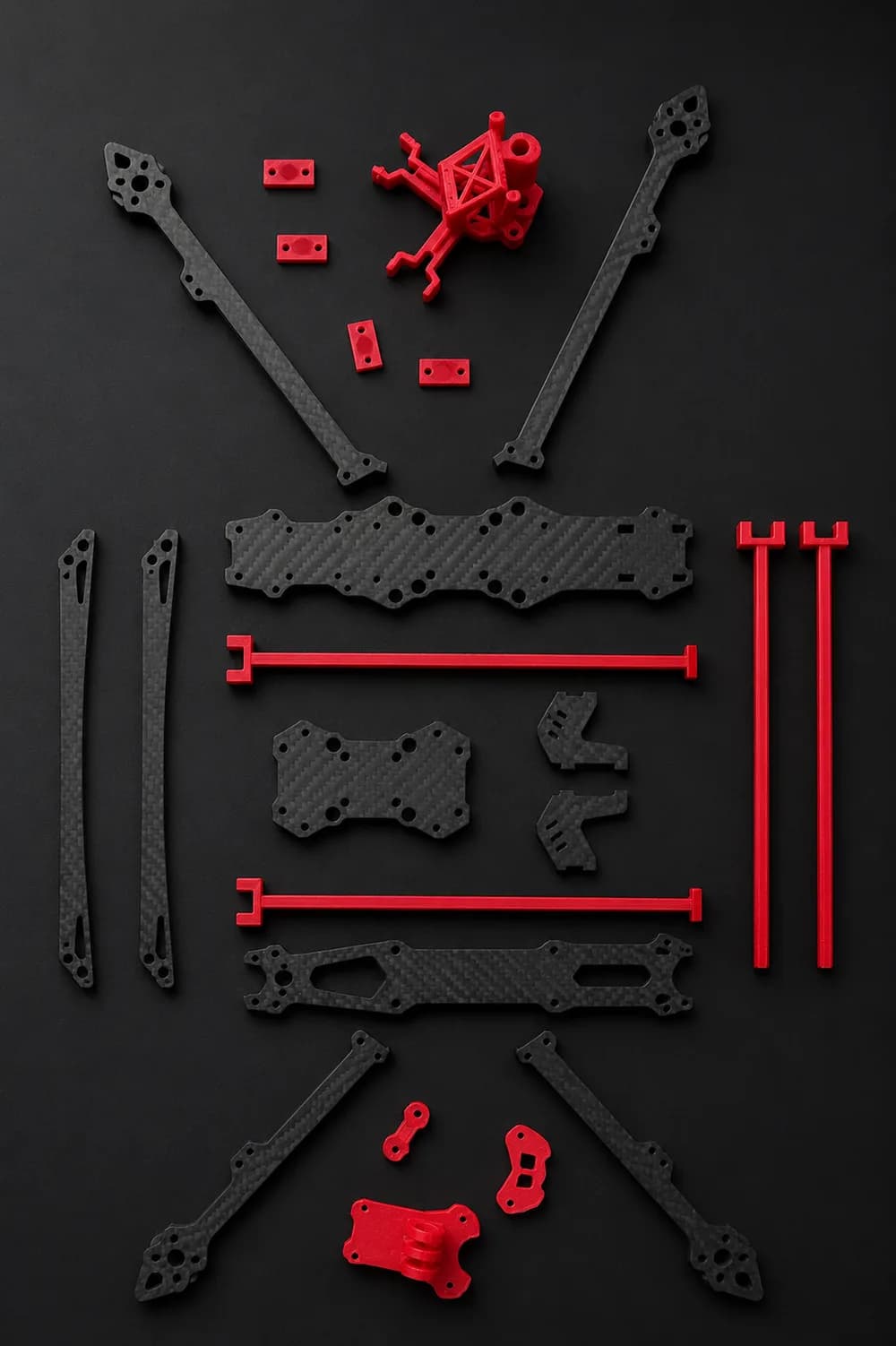 DronesZ 10-inch heavy-lift airframe, exploded flat-lay of its larger structural plates and payload mounts.