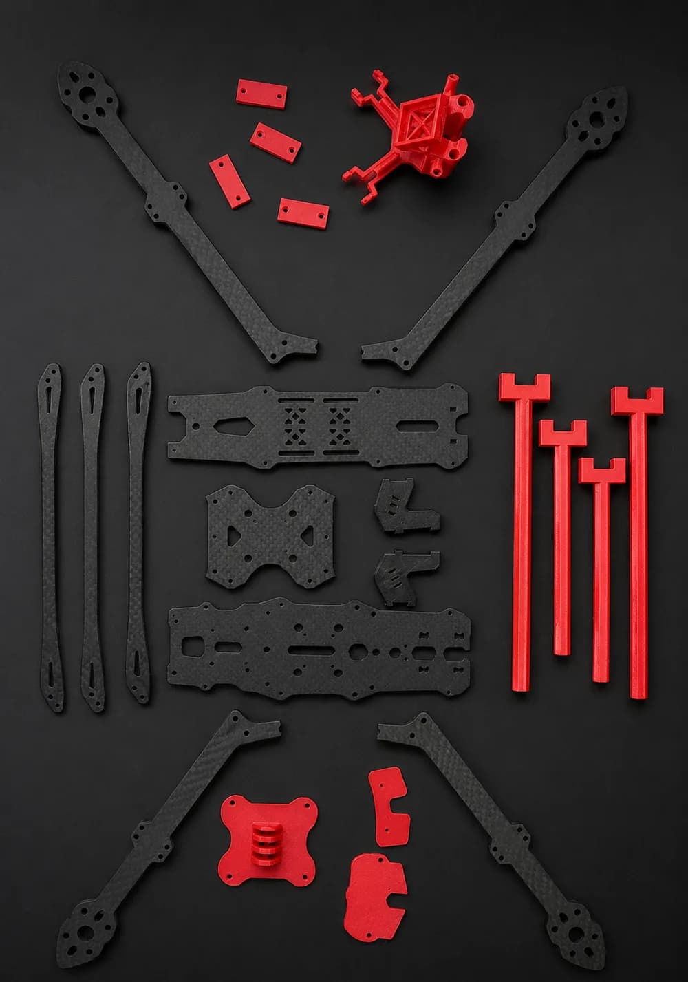 DronesZ 13-inch flagship airframe, exploded flat-lay of its high-strength composite structure and reinforced geometry.