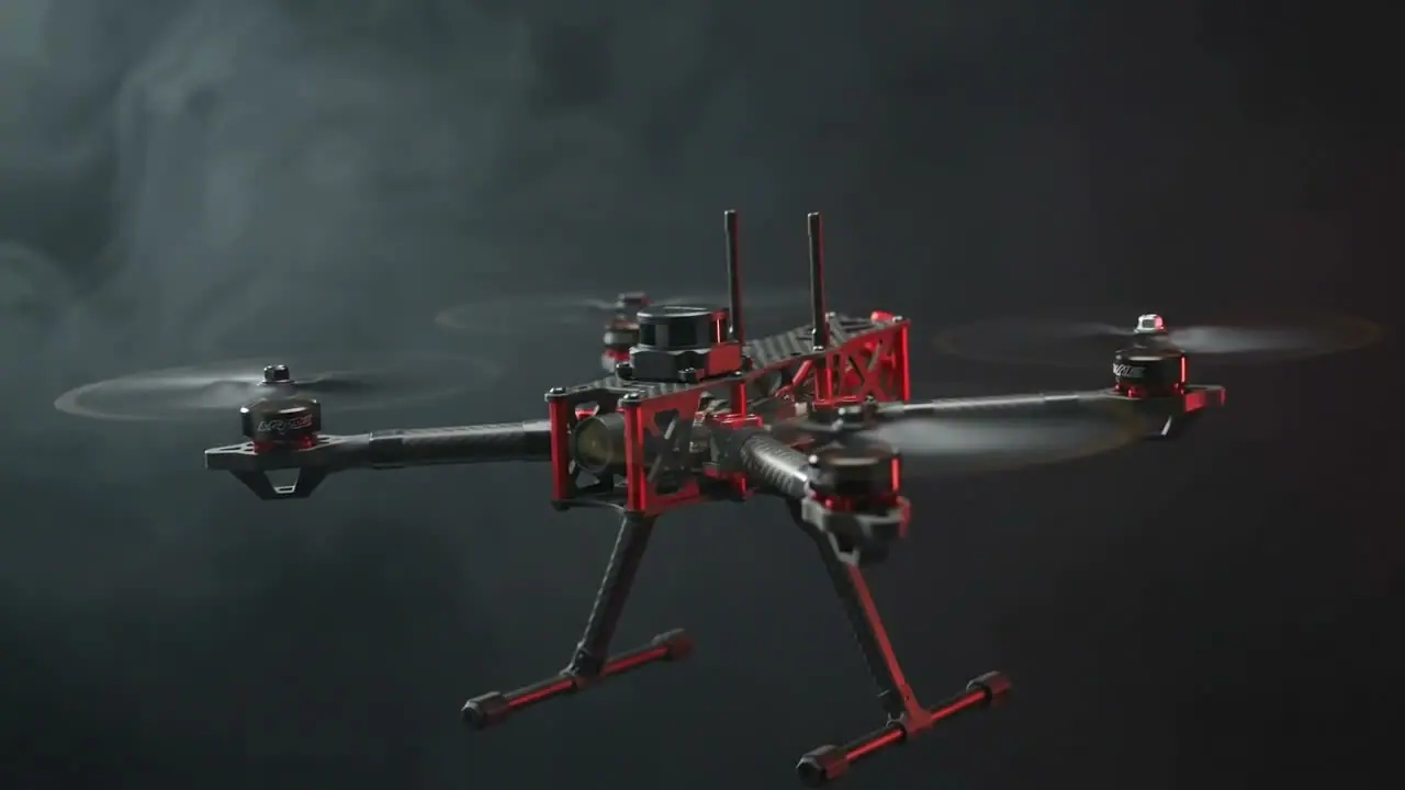 A bespoke DronesZ airframe rendered from CAD into a finished carbon-and-red frame.